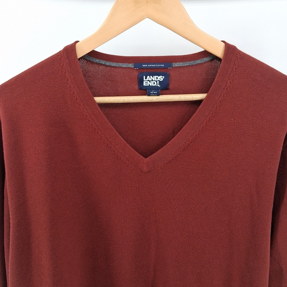 Lands' End Mens V Neck Sweater Cotton Blend Casual Burgundy Large Preppy Fall - Picture 2 of 9